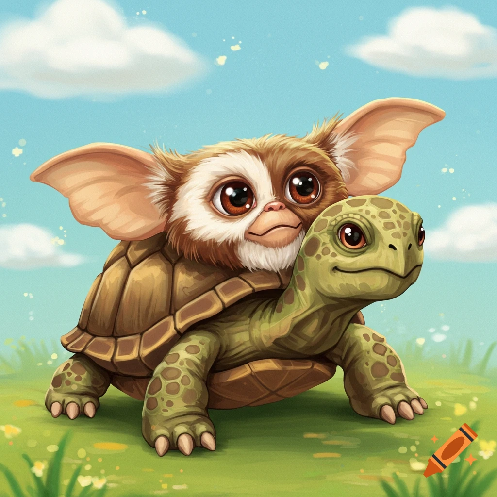 Cartoon gremlin riding a turtle in a field.