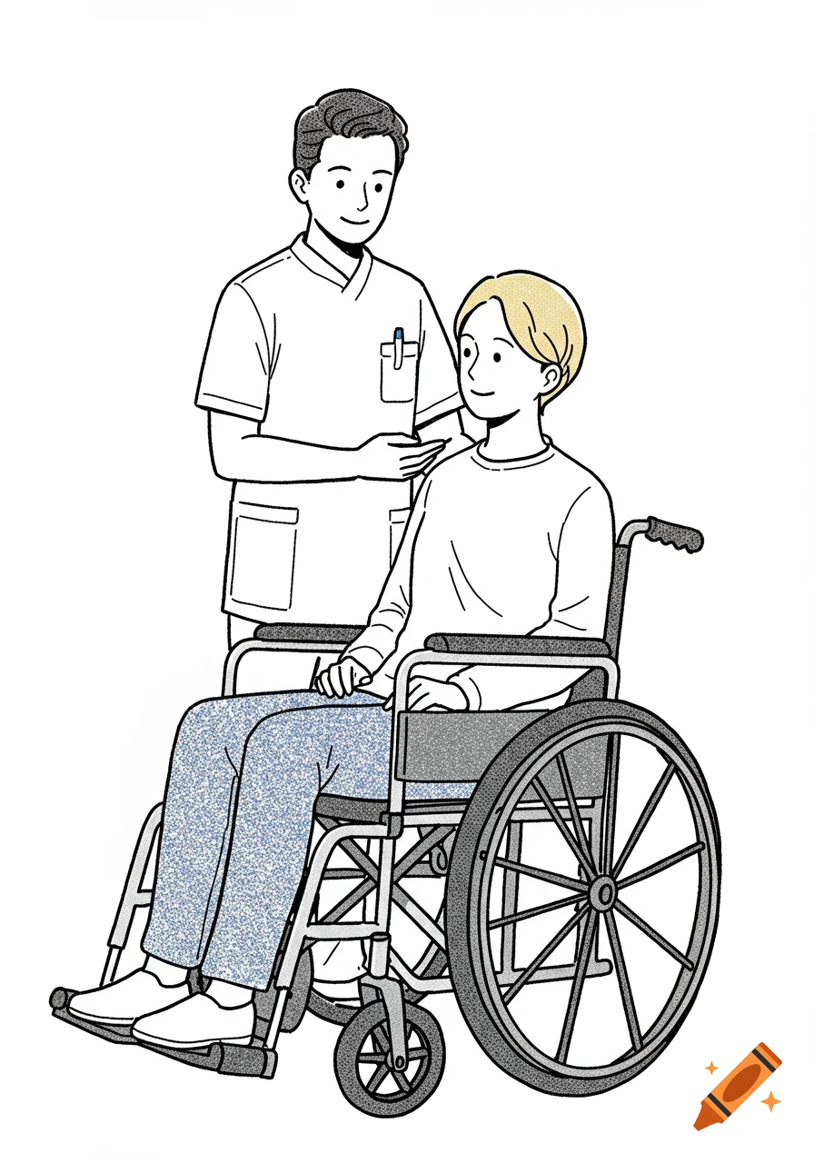 Line drawing of a nurse standing next to a patient in a wheelchair.