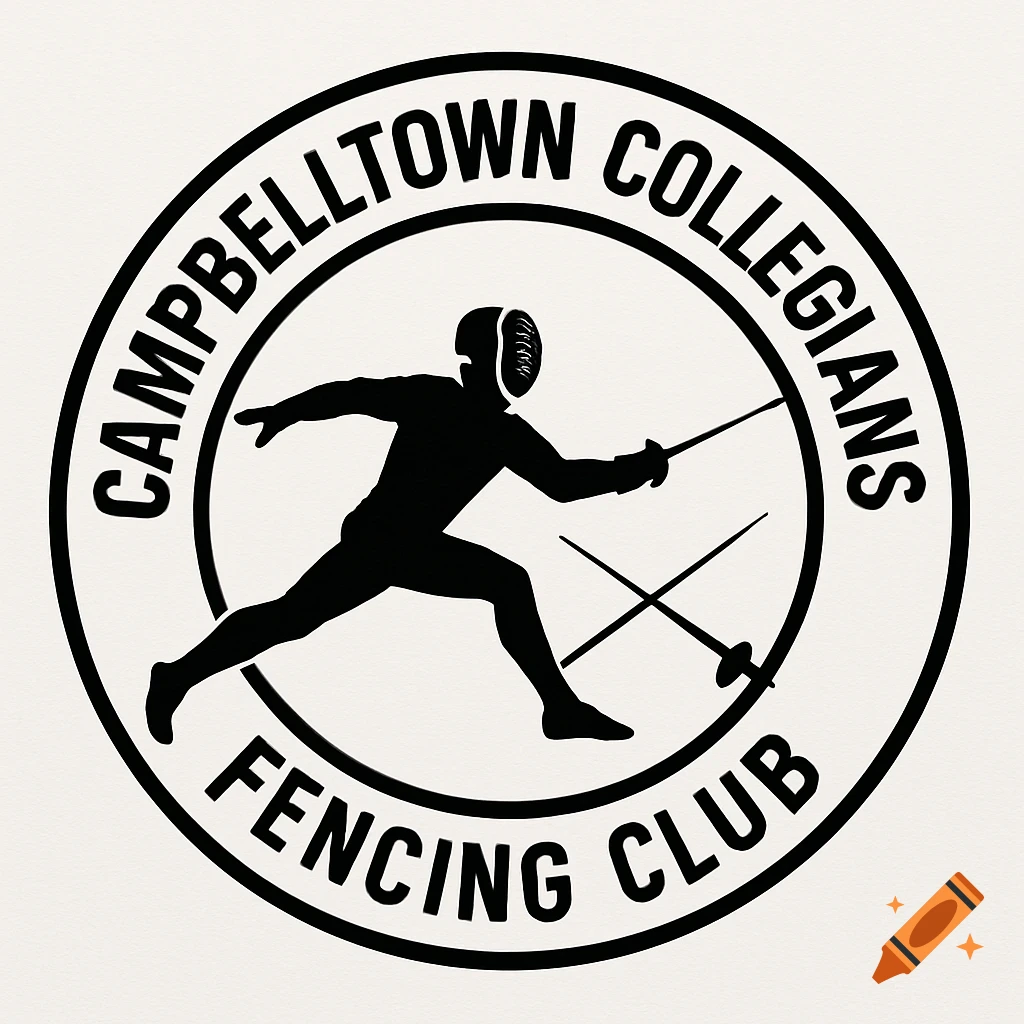 Black and white circular logo for Campbelltown Collegians Fencing Club featuring a fencer silhouette and crossed swords.