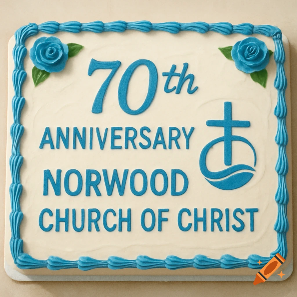 White sheet cake with blue icing, 70th anniversary text, and church logo