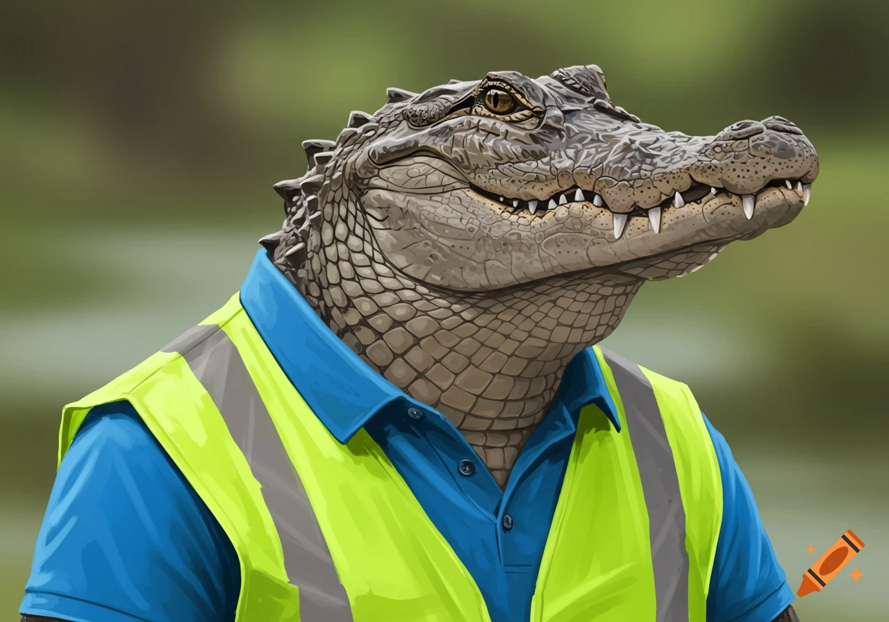 A detailed illustration of an alligator wearing a blue polo shirt and a yellow construction vest.