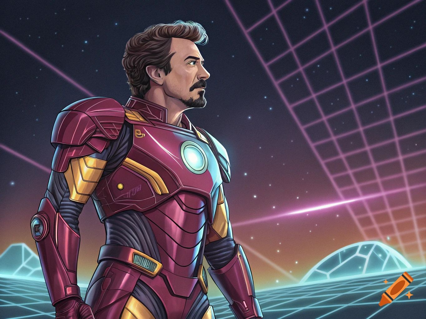 Illustration of Iron Man in his armor standing in an 80s-style grid landscape with neon lights and stars