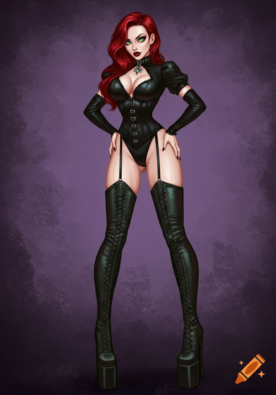 A stylized illustration of a red-haired goth woman in a black corset and tall boots.
