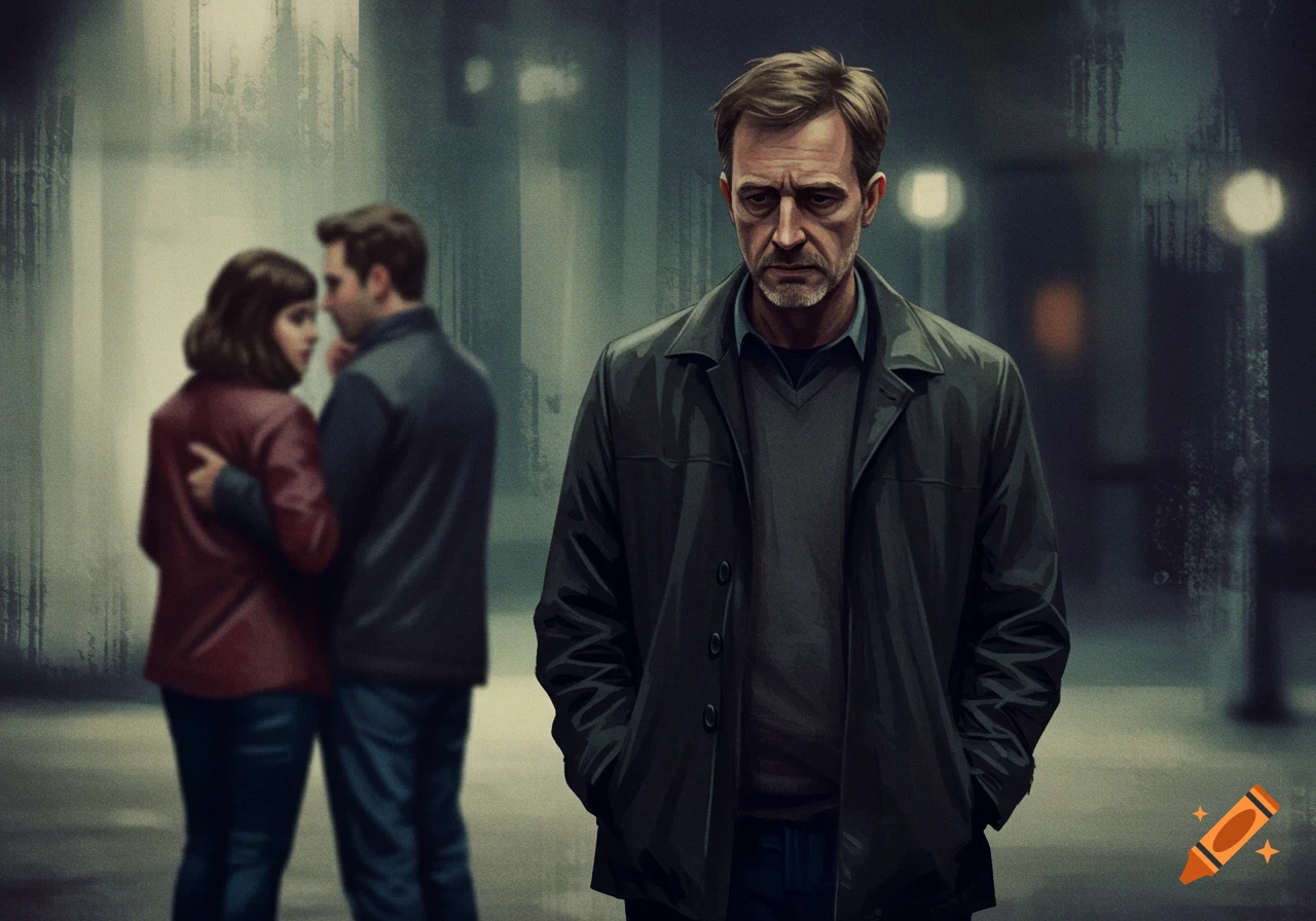 A pensive man stands watching a blurry couple in the distance in a stylized image.