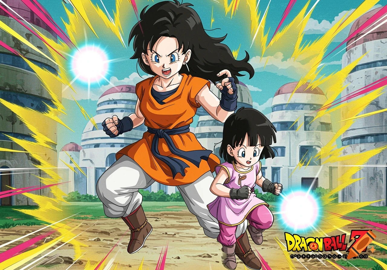 Dragon Ball Z anime of Videl and Pan running with energy effects and buildings in the background.