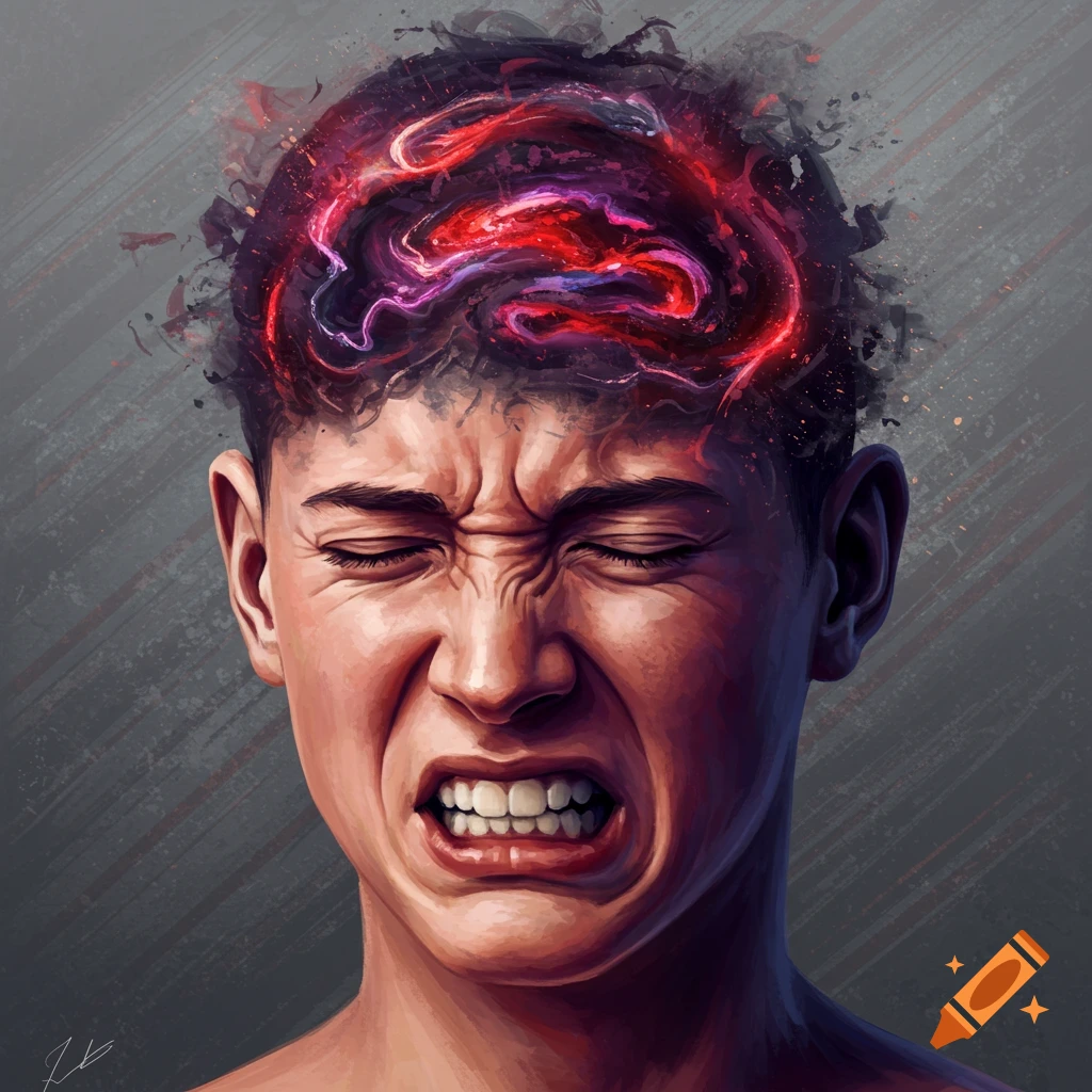 Person grimacing in pain with a glowing, abstract brain graphic illustrating a severe headache.