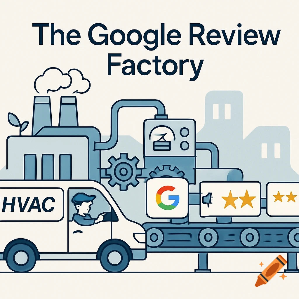 Cartoon illustration of a factory processing Google reviews, with an HVAC van driving through.