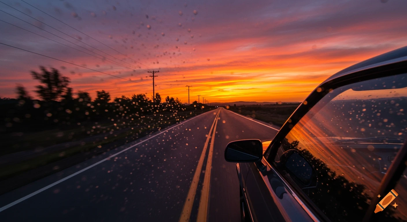 View from inside a car driving on a road towards a colorful sunset, with rain drops on the windshield.