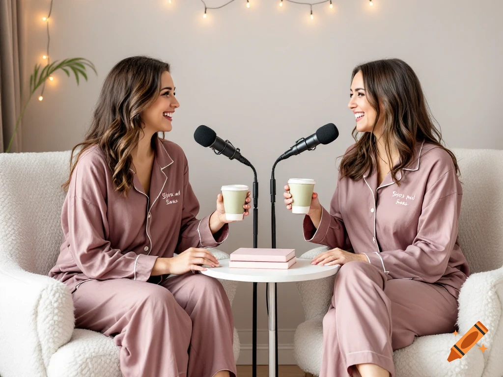 Two women in matching pajamas record a podcast, holding coffee cups and speaking into microphones.