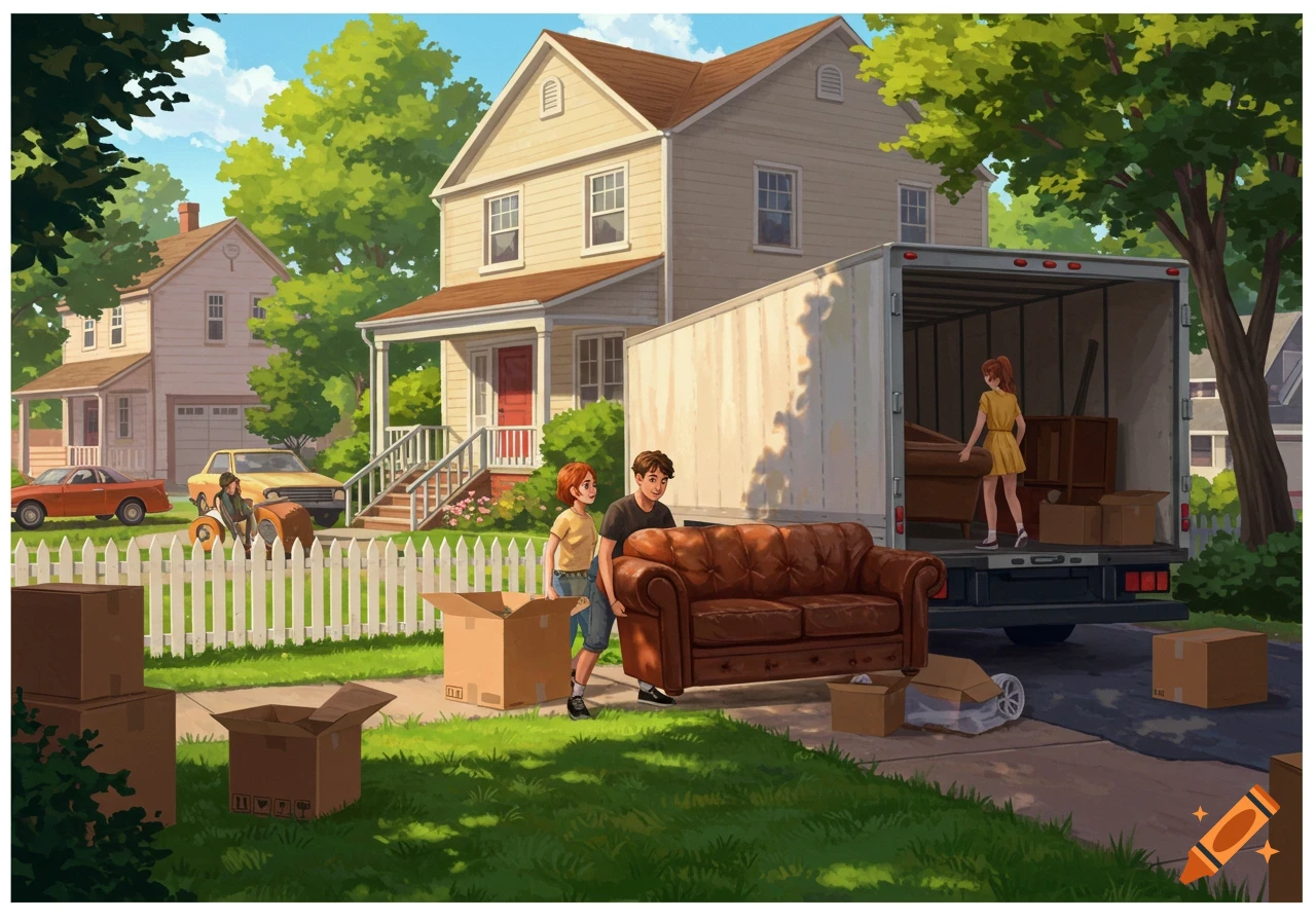 People moving furniture and boxes into a truck outside a suburban house.