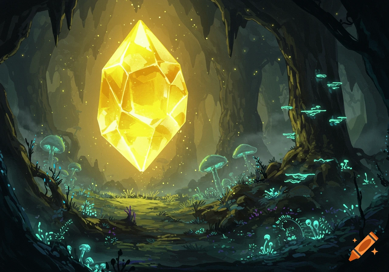 A large glowing yellow crystal in a dark underground cave with glowing plants and mushrooms.
