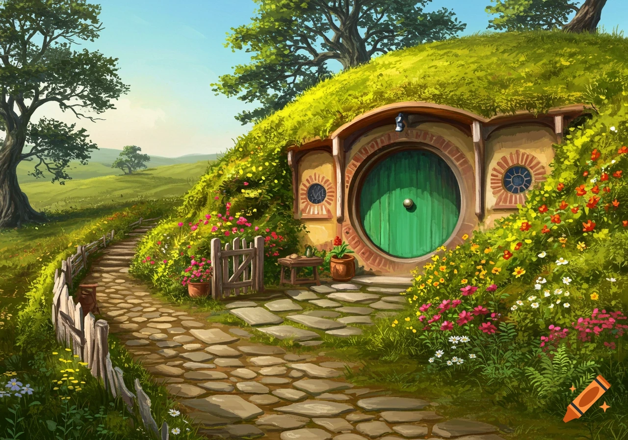 Illustration of a hobbit hole with a round green door in a hillside garden.