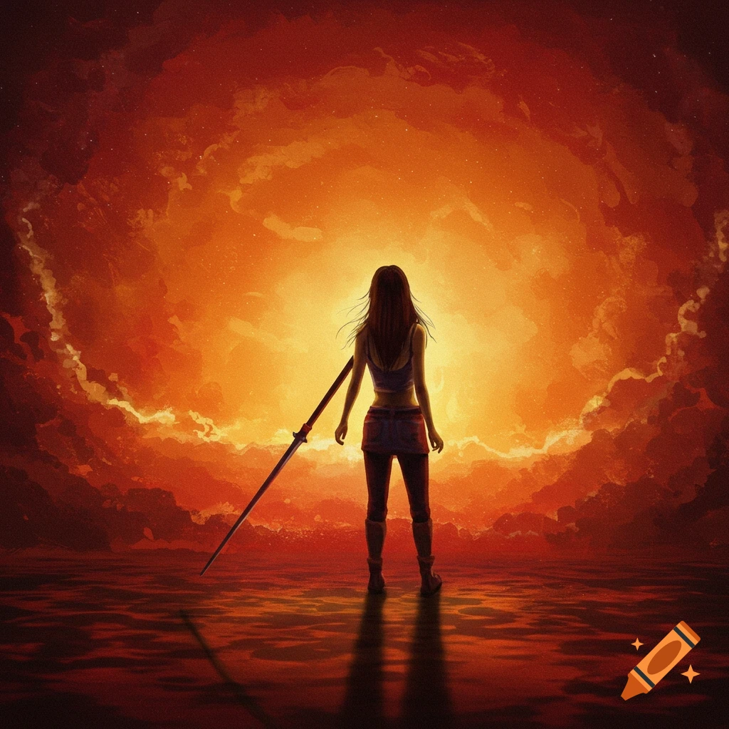 Woman with a staff stands silhouetted against a fiery orange and red sky and landscape.