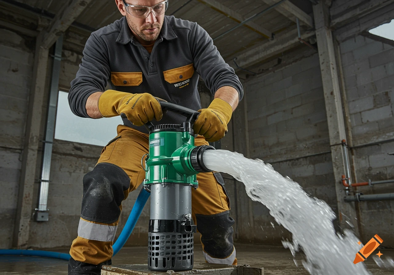 Man using a green submersible water pump in an industrial building.