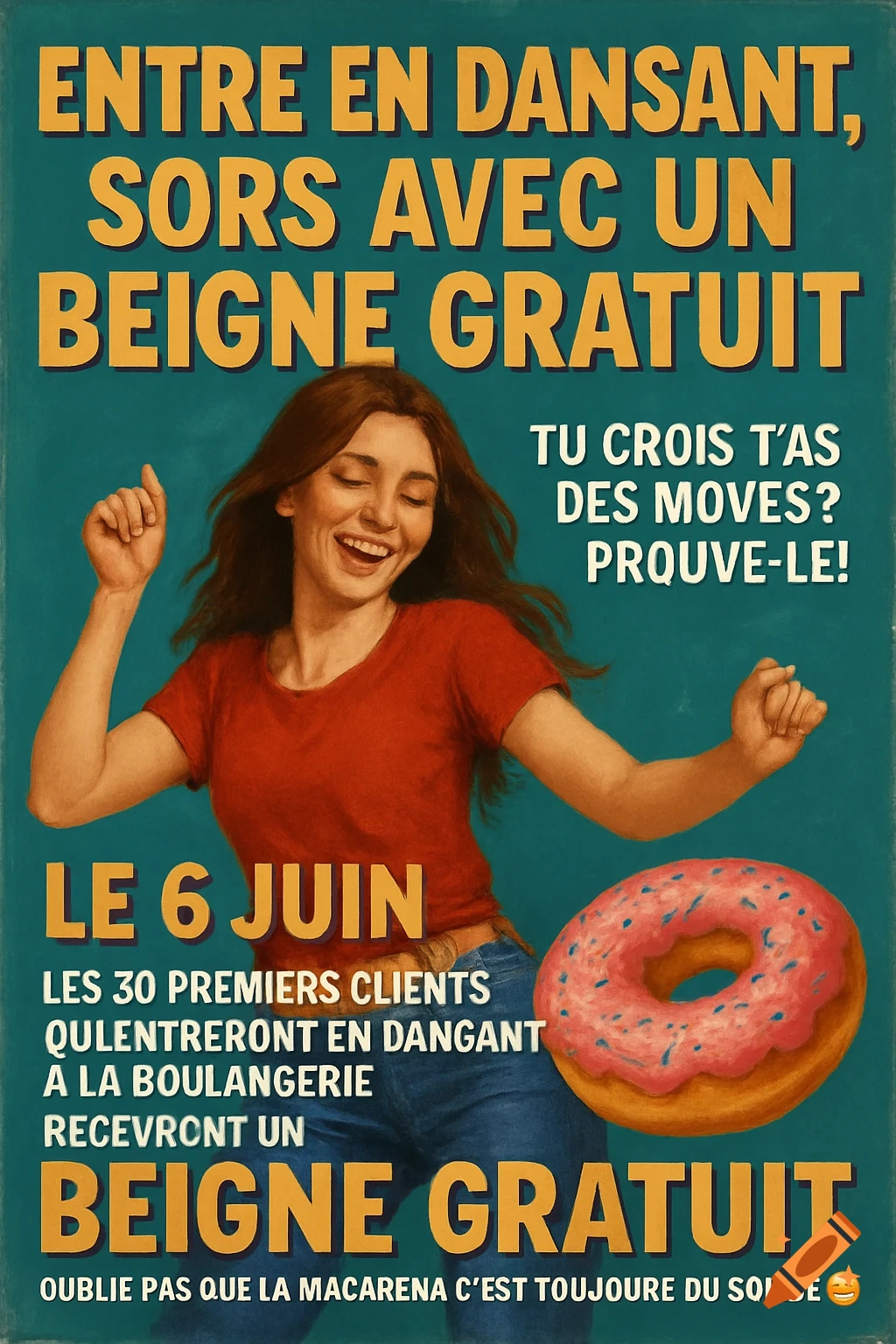 A retro-style poster shows a woman dancing happily beside a donut. Text promotes a free donut event at a bakery on June 6th.