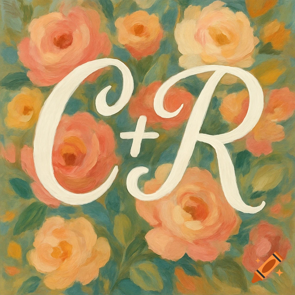 Painting of cursive letters C+R surrounded by pink and orange flowers