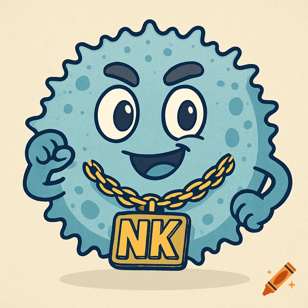 Cartoon blue cell character wearing a gold chain with NK pendant