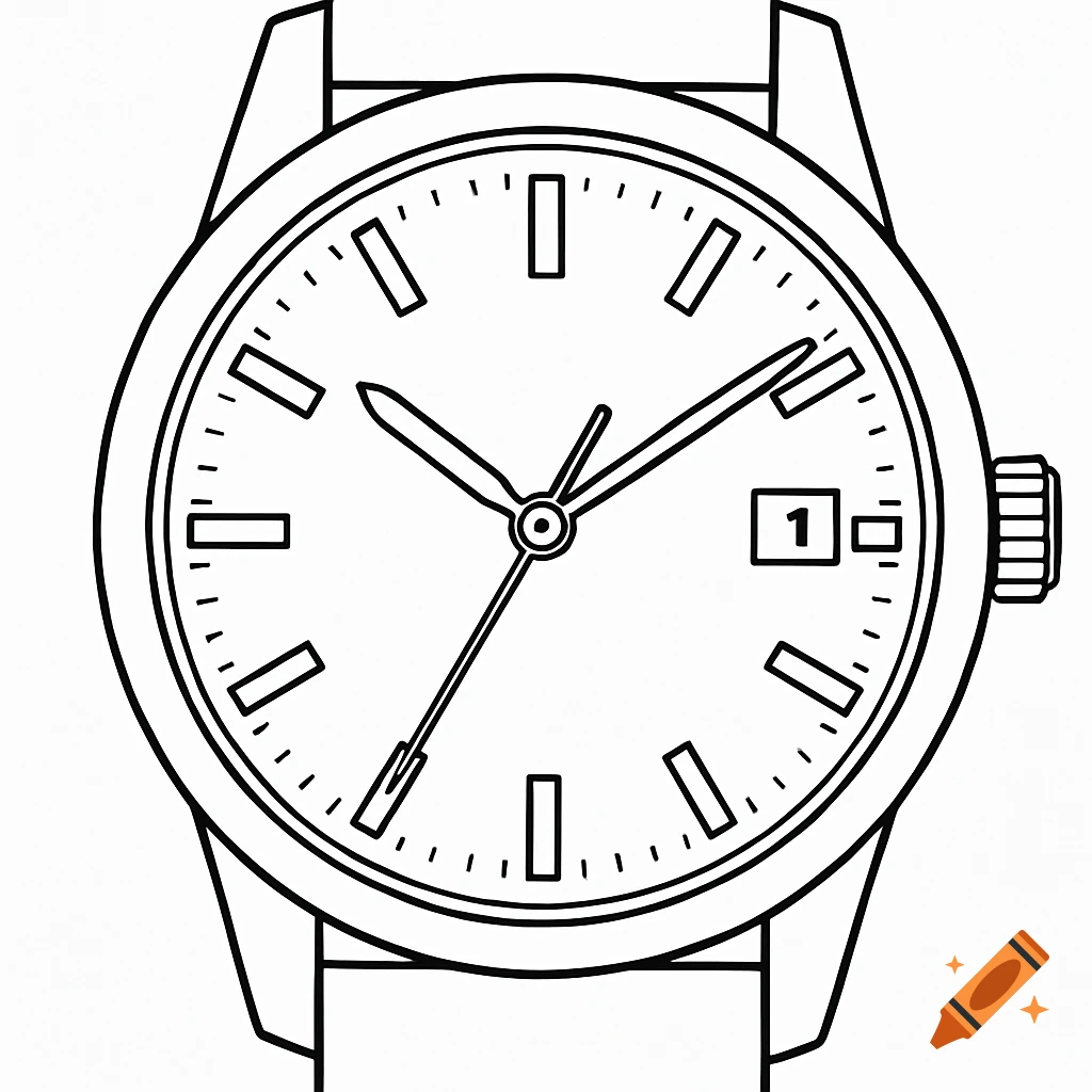 Black and white line drawing of a watch face with hands and a date window showing the number 1.