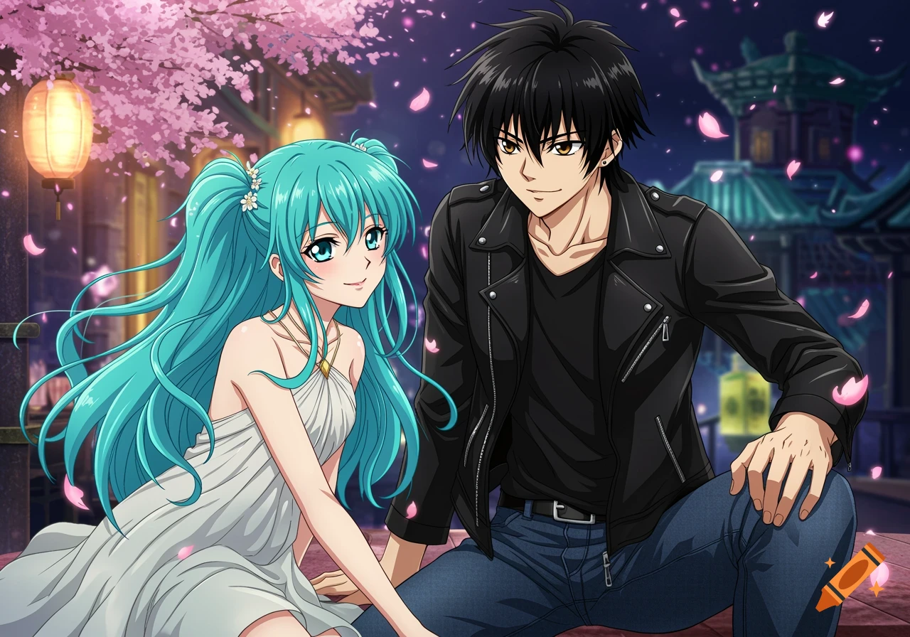 Anime girl and boy sitting under cherry blossom tree at night