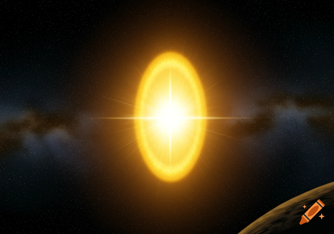 A bright, elongated yellow light shines in the center of a star field in space with a planet edge visible.