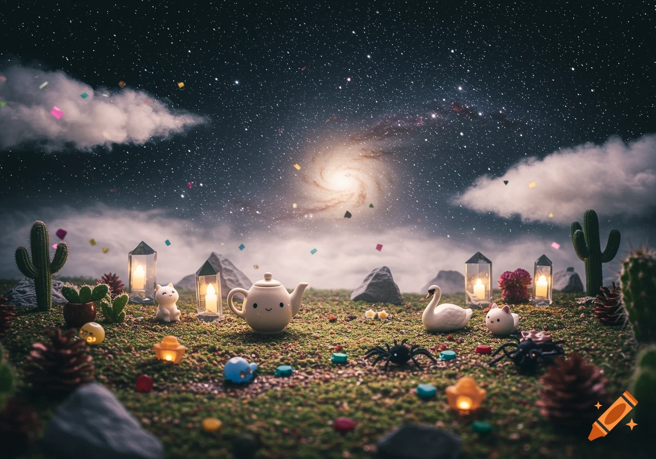 Miniature diorama of a teapot, cat, swan, and spiders on moss with cacti and lanterns under a starry galaxy sky with confetti.