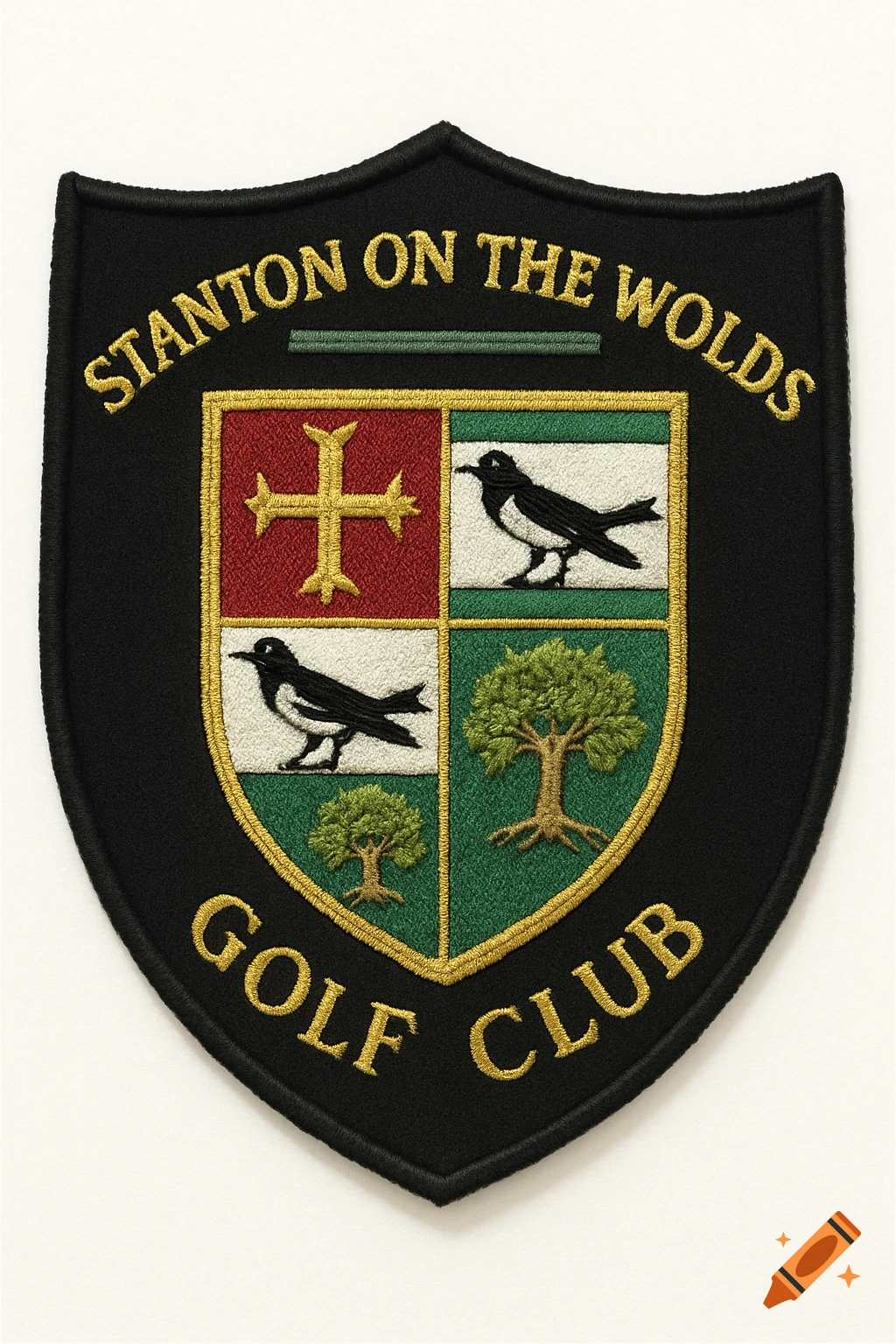Embroidered shield-shaped patch for Stanton On The Wolds Golf Club, featuring a crest and text.