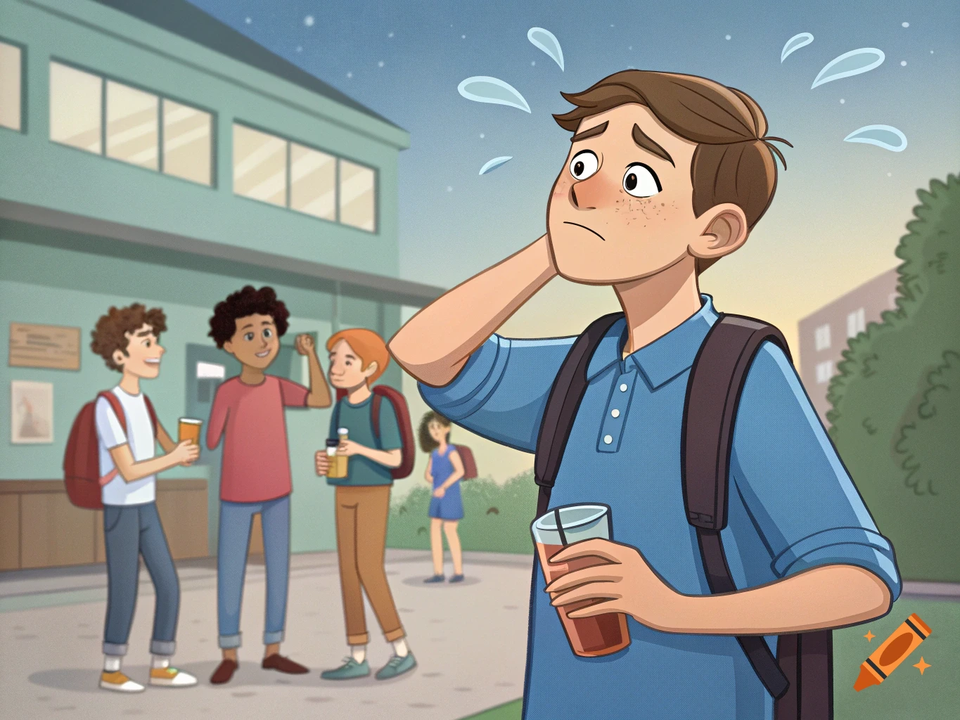 Cartoon of a stressed teenage boy holding a drink outside a school with friends.