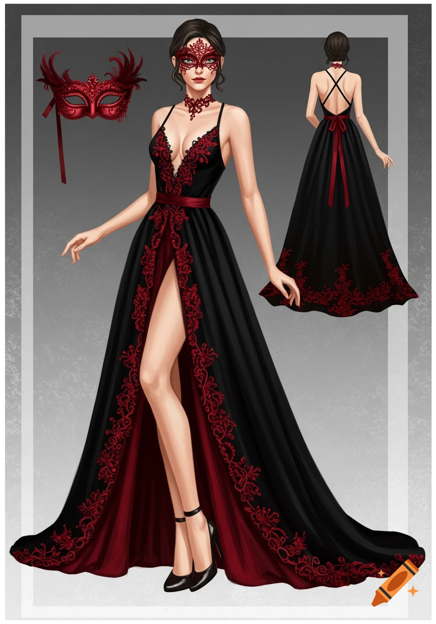 Illustration of a woman in a black and red masquerade dress with a high slit and mask. Front and back views shown.