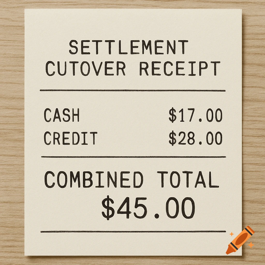 Close-up of a settlement cutover receipt showing a $45.00 total on a wooden surface.