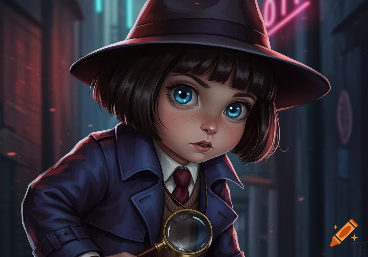 A young girl dressed as a detective holds a magnifying glass in a dark, atmospheric urban setting with neon lights, digital painting.