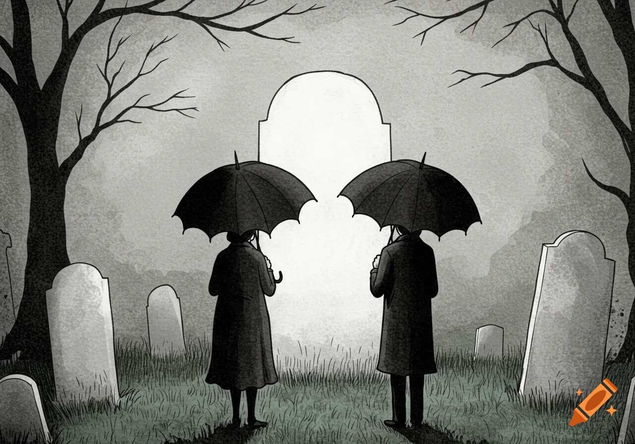 Two figures with umbrellas stand before a large, blank tombstone in a cemetery, in a hand-drawn style.