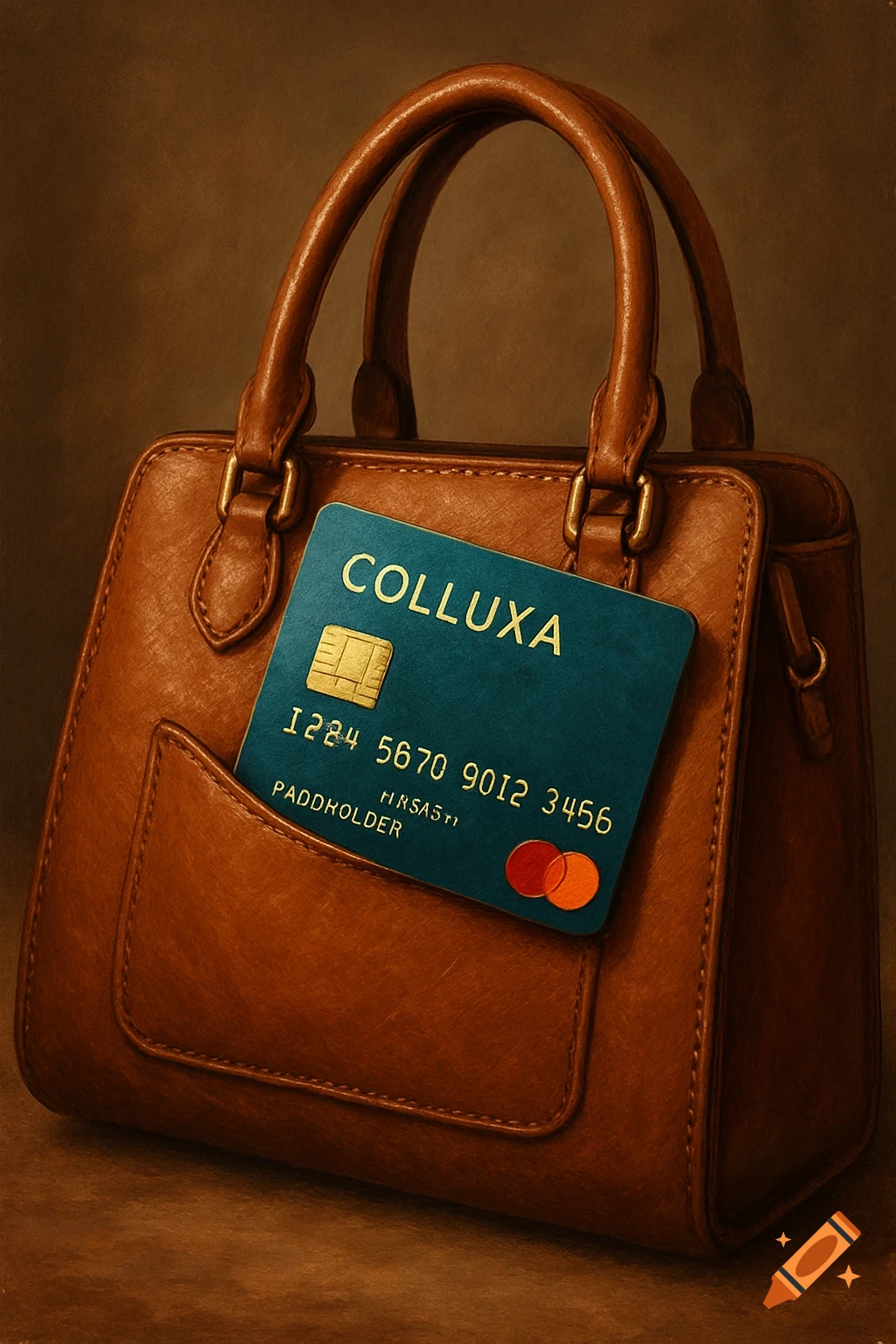 Close-up of a brown leather handbag with a teal credit card labeled 'COLLUXA' sticking out of a pocket.