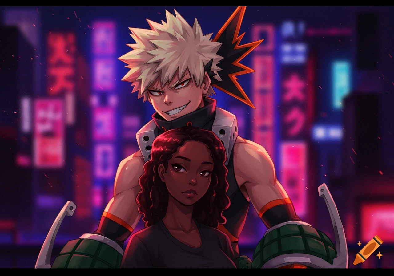Anime illustration of Bakugo standing behind a Black woman in front of a blurry neon city background.