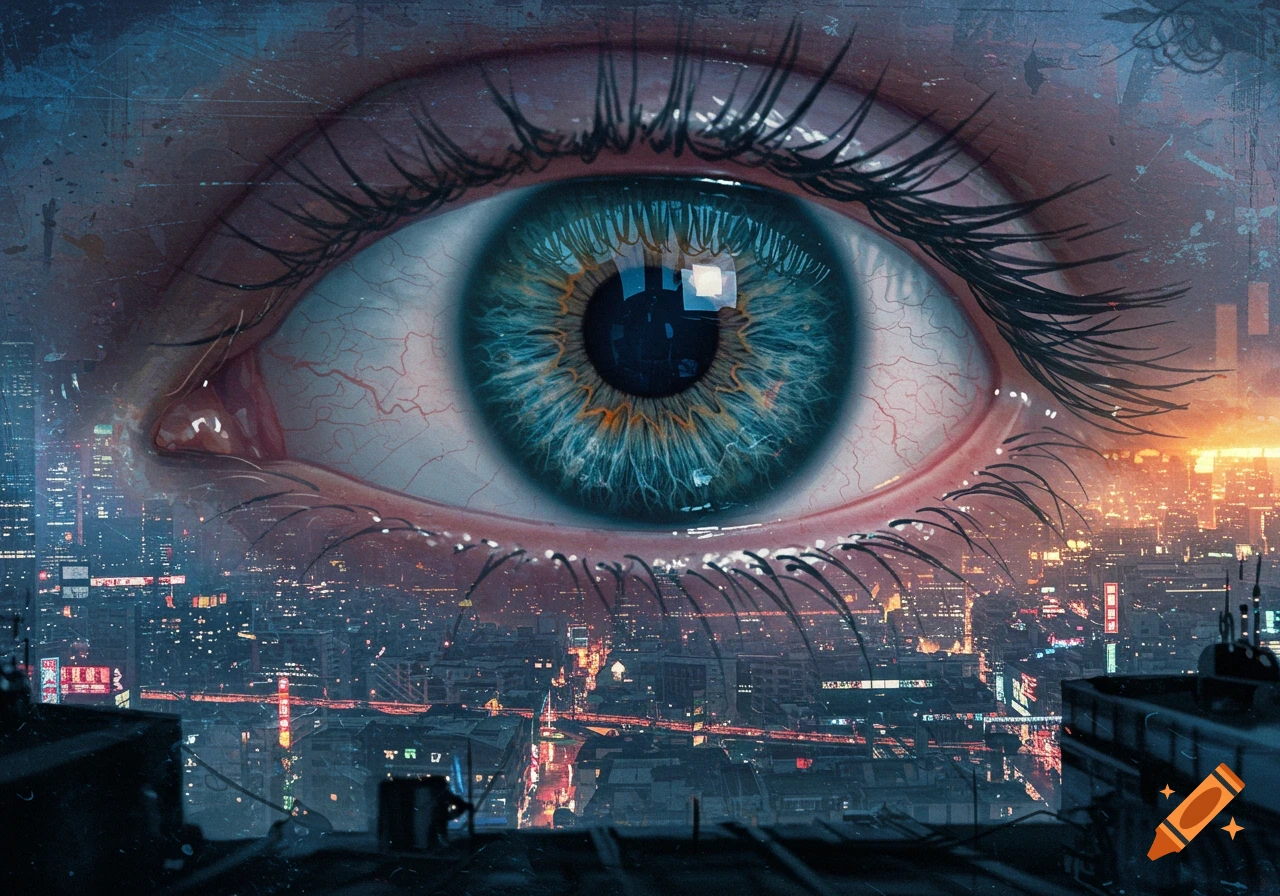 A large human eye is superimposed over a grungey futuristic city skyline at night.