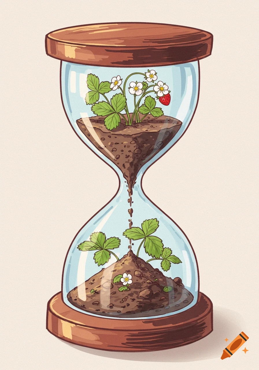 Illustration of a strawberry plant growing inside an hourglass, with soil and water flowing.