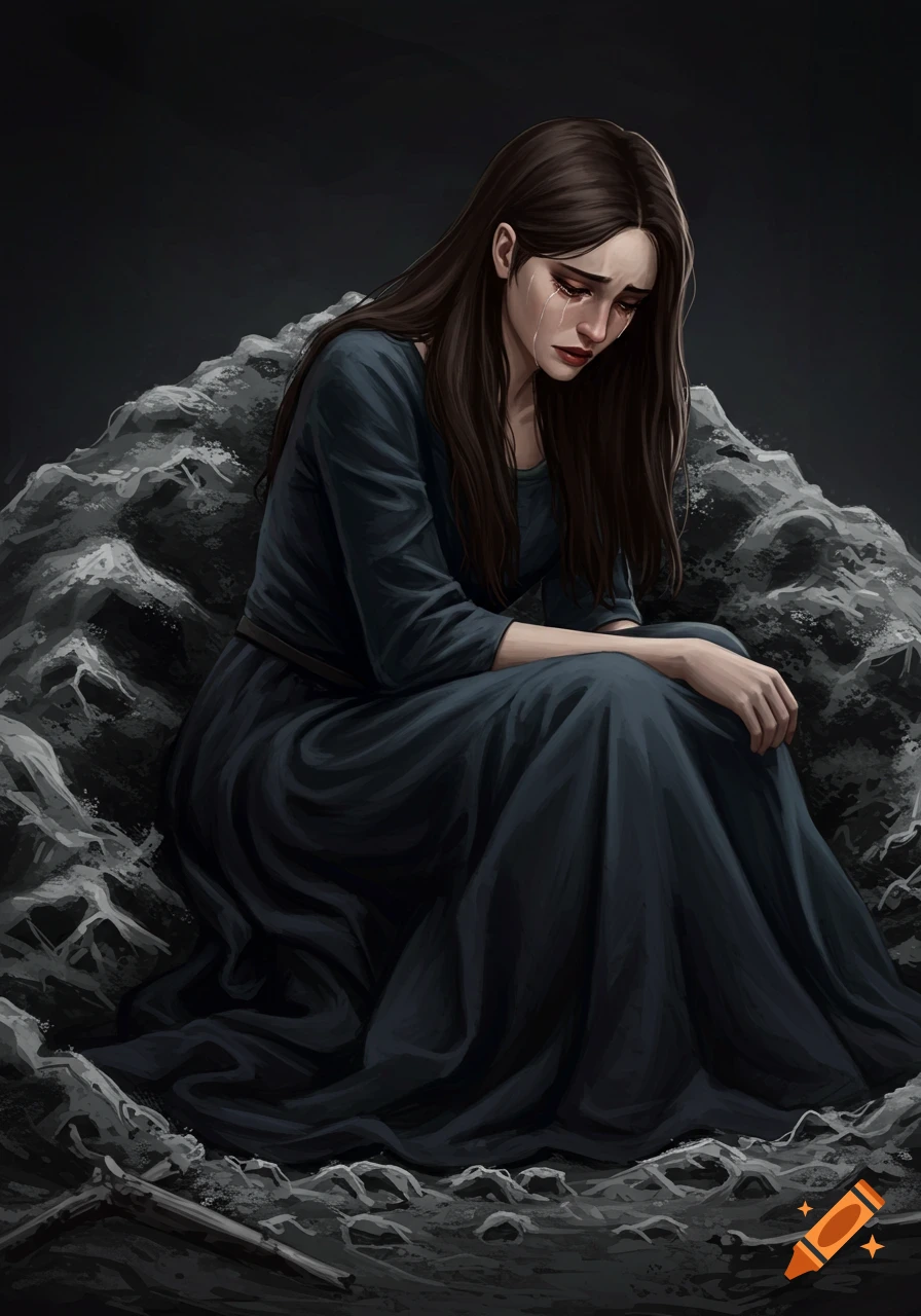 Digital art of a young woman in a dark dress sitting in ashes and crying.