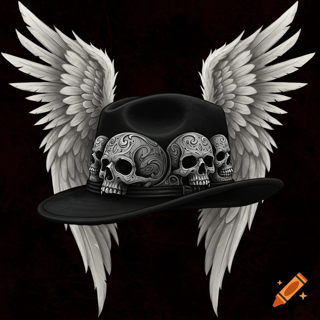 A black fedora hat decorated with stylized skulls, flanked by large white angel wings.