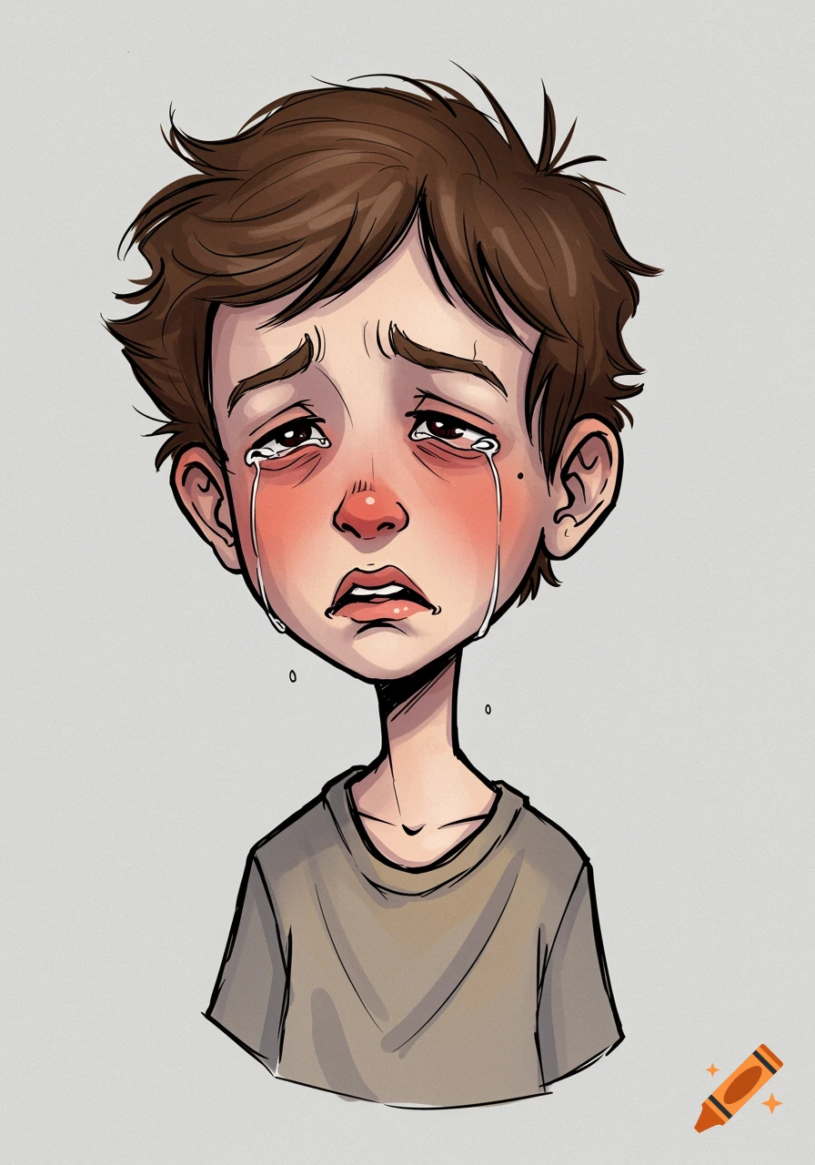Cartoon drawing of a sad boy crying.