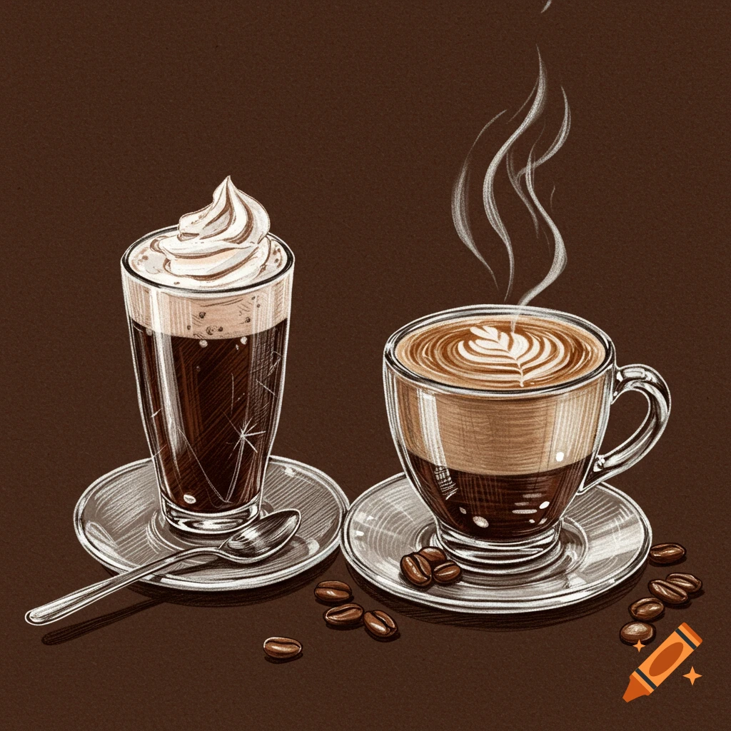 Sketch illustration of two coffee drinks, one with whipped cream, one a latte, with coffee beans.