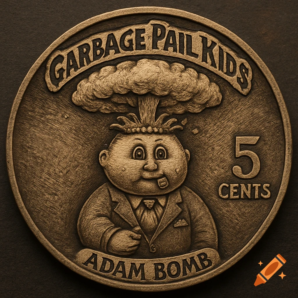 Bronze coin depicting Garbage Pail Kids character Adam Bomb with a mushroom cloud on his head.
