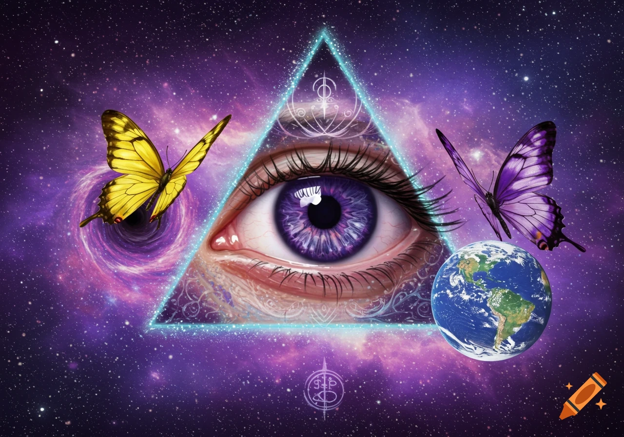 A purple eye within a glowing triangle floats in a cosmic galaxy with butterflies and Earth.