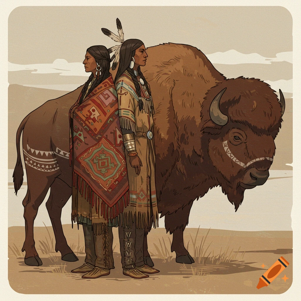 Two Indigenous women stand back-to-back with a buffalo behind them in ledger art style.