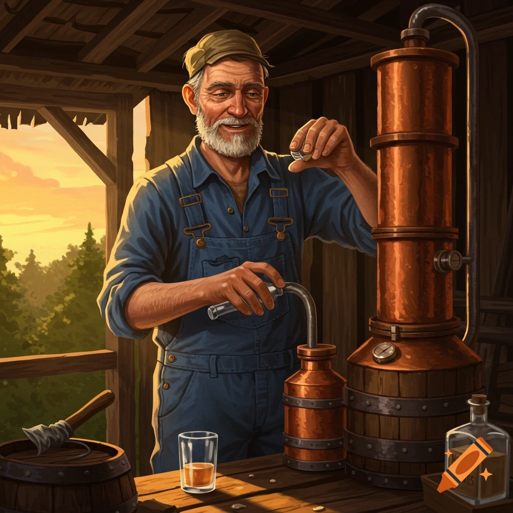An older man making moonshine using a copper still in a rustic shed.