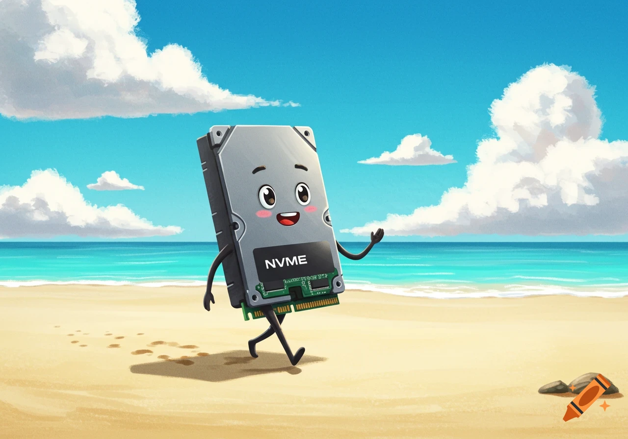 A cartoon hard drive character with a smiling face walks on a sandy beach.