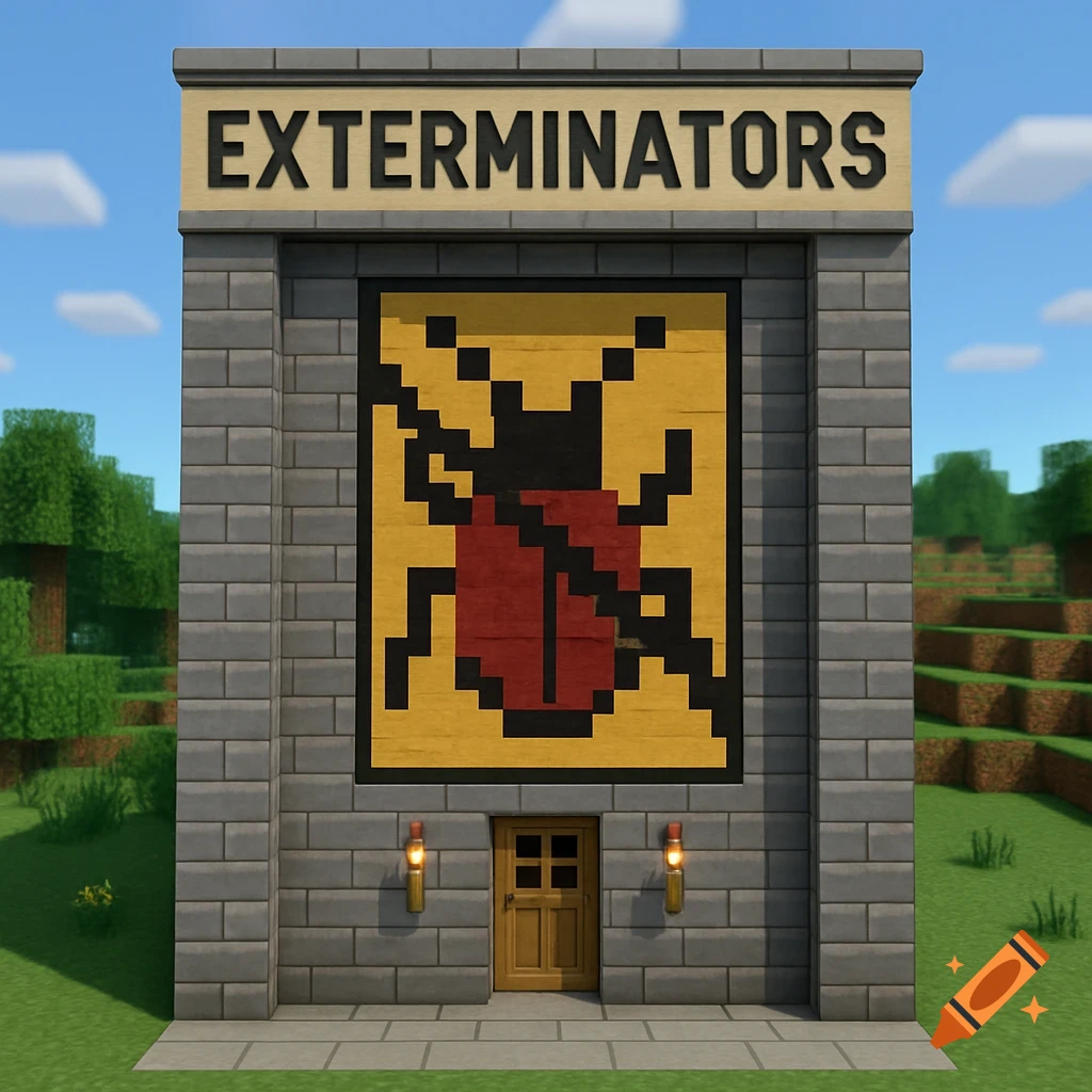 A Minecraft-style building with an "EXTERMINATORS" sign and a pixelated bug logo above a door.