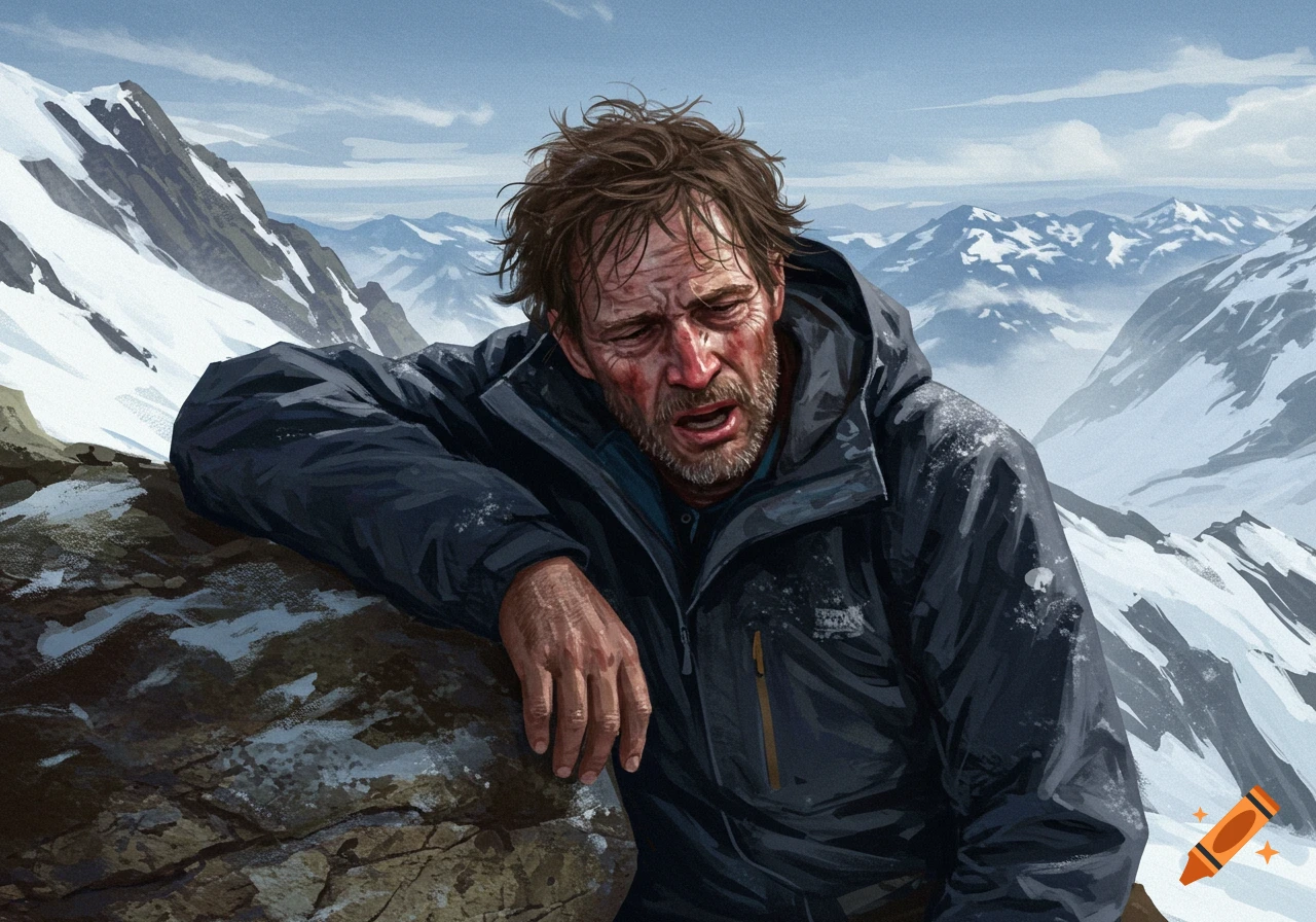 Realistic illustration of a weary man leaning on a rock in snowy mountains.