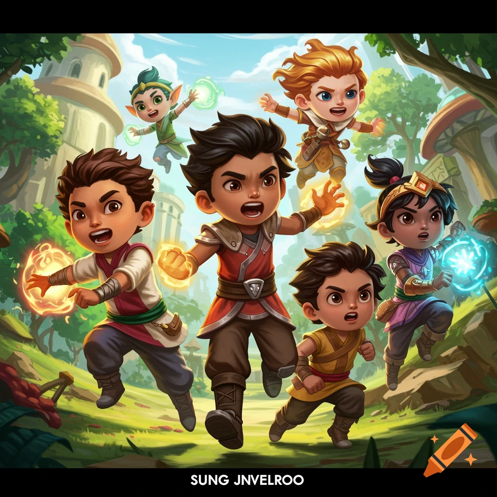 Stylized illustration of several diverse kids with glowing magical hands running through a fantasy landscape.