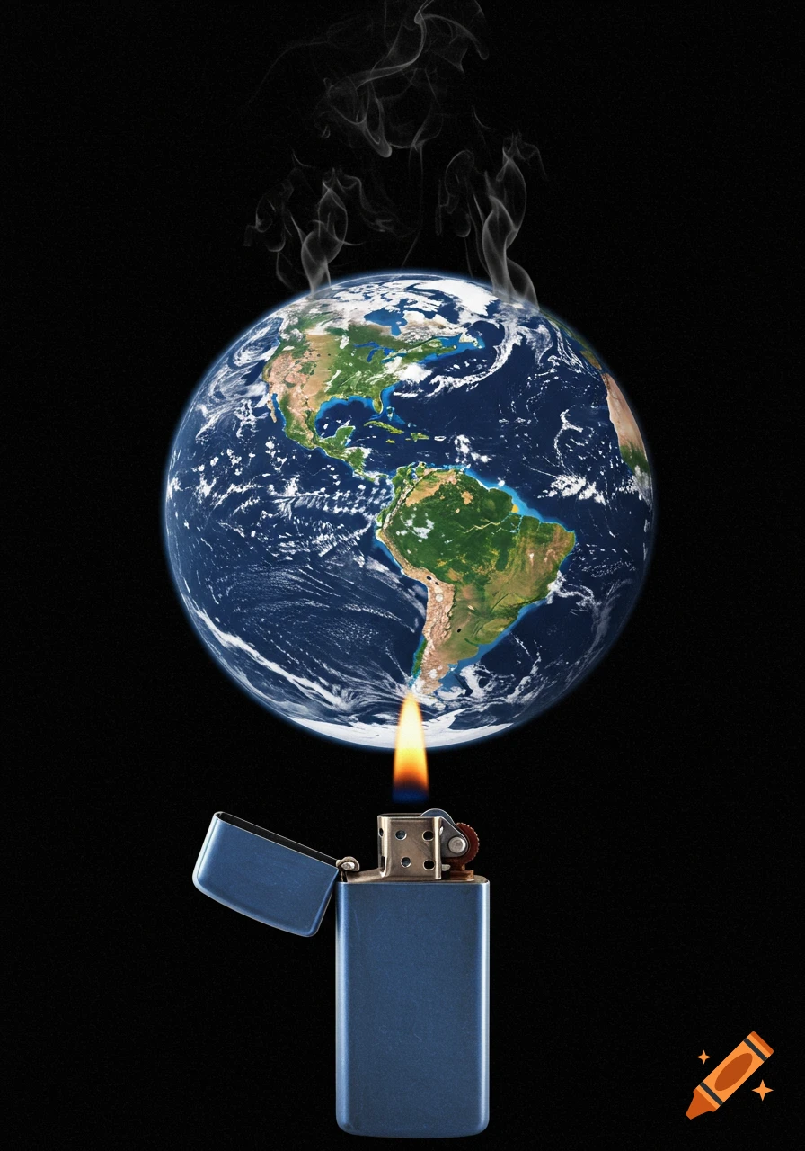 A globe of Earth sits above a lit lighter, with smoke rising from the top of the planet.