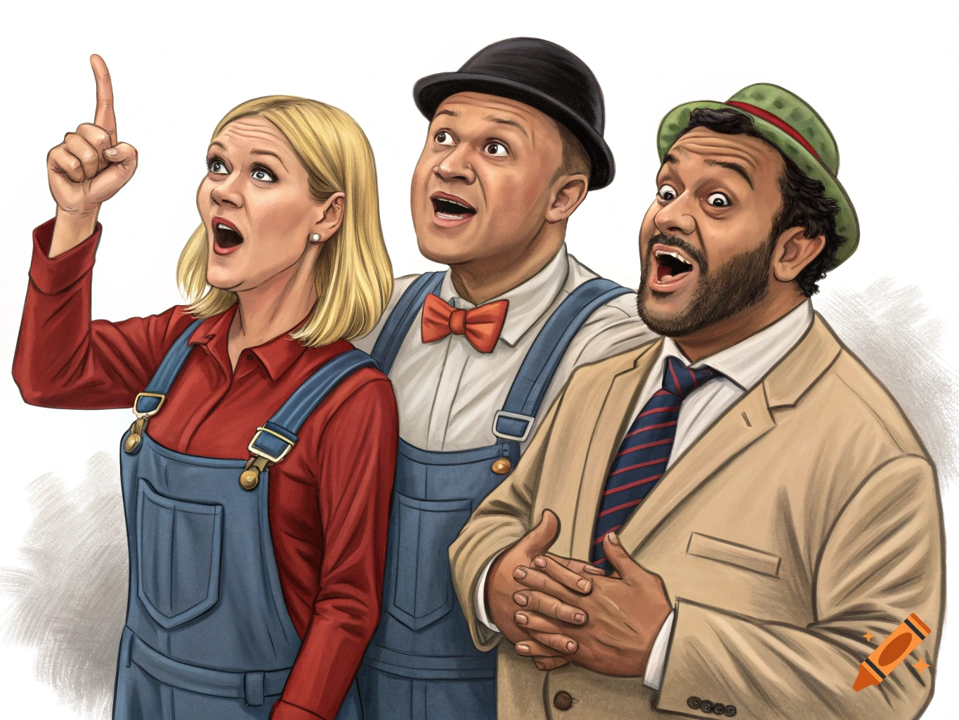 Illustration of three people in costume with surprised expressions, one pointing up.