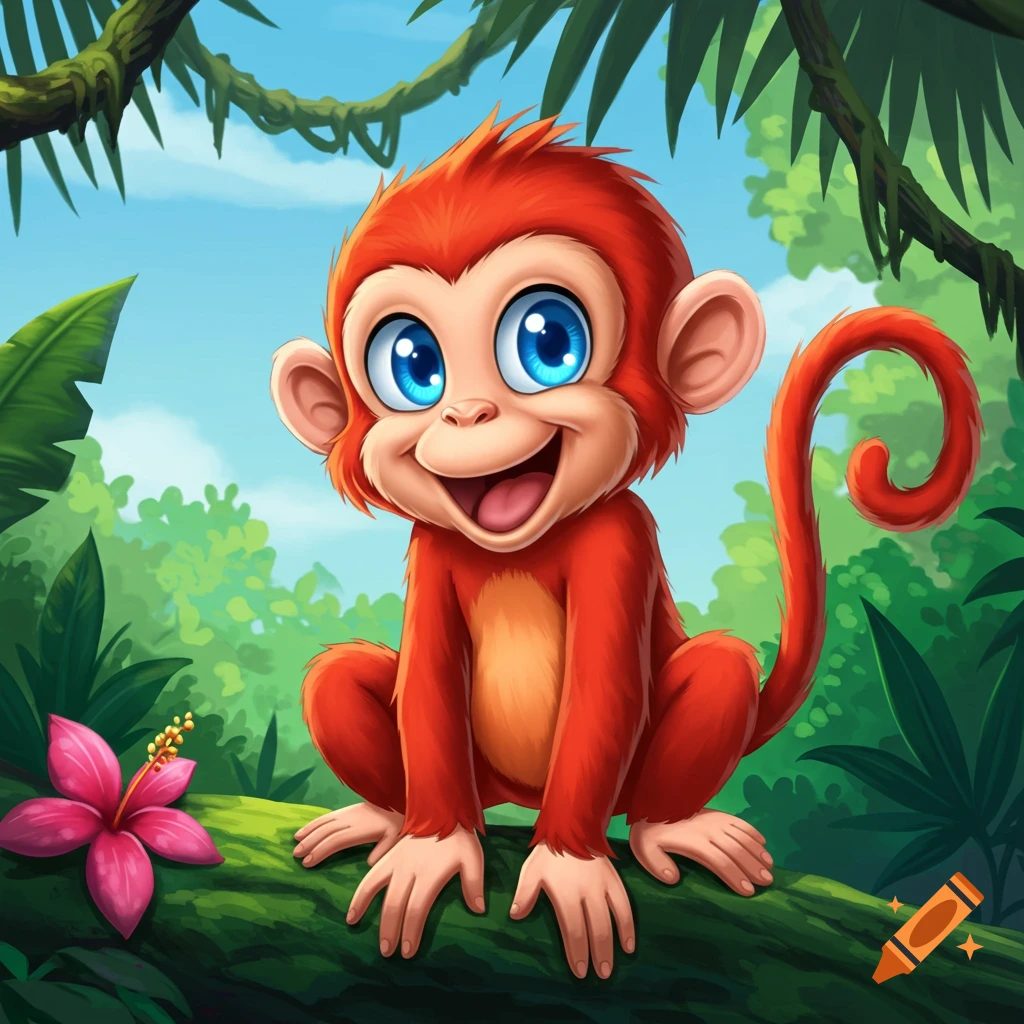 Cartoon monkey with big blue eyes sitting on a branch in a jungle